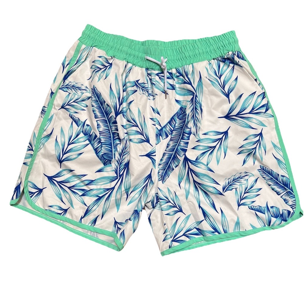 Unbranded Mens White XL Board Shorts Blue & Green Palm Fronds Pockets Green Trim
